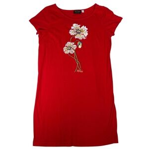 Bob Mackie Wearable Art Red Cotton Floral Embroidered T-Shirt Dress Womens Large